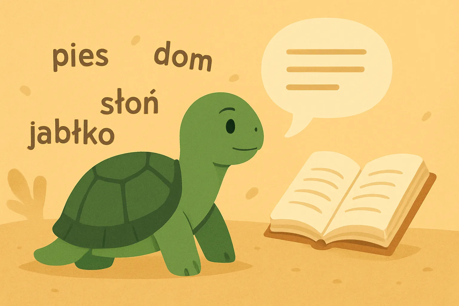 Ilustracja redakcyjna przedstawiająca żółwia TortoLingua odkrywającego znaczenie dzięki kontekstowi do artykułu "Zrozumiały input vs nauka gramatyki: co działa lepiej?".