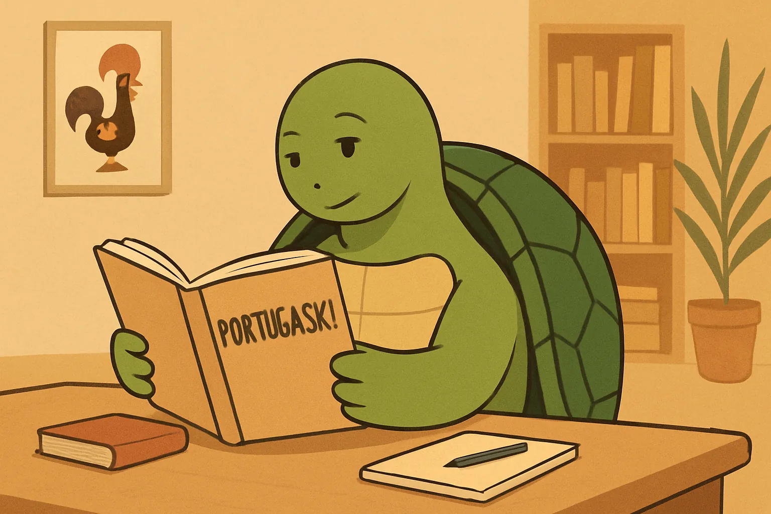 Ilustracja redakcyjna przedstawiająca żółwia TortoLingua w realistycznej scenie nauki języka przez czytanie do artykułu "Jak nauczyć się portugalskiego od zera: kompletny przewodnik".