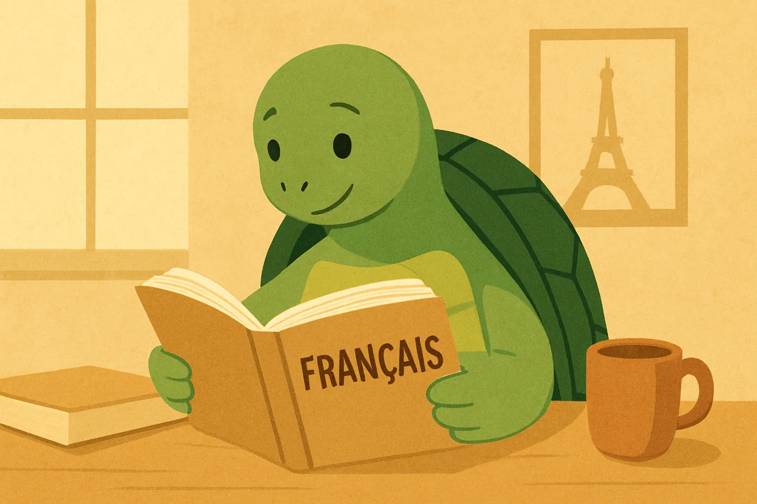 Ilustracja redakcyjna przedstawiająca żółwia TortoLingua w realistycznej scenie nauki języka przez czytanie do artykułu "Nauka francuskiego przez czytanie: dlaczego działa i jak zacząć".