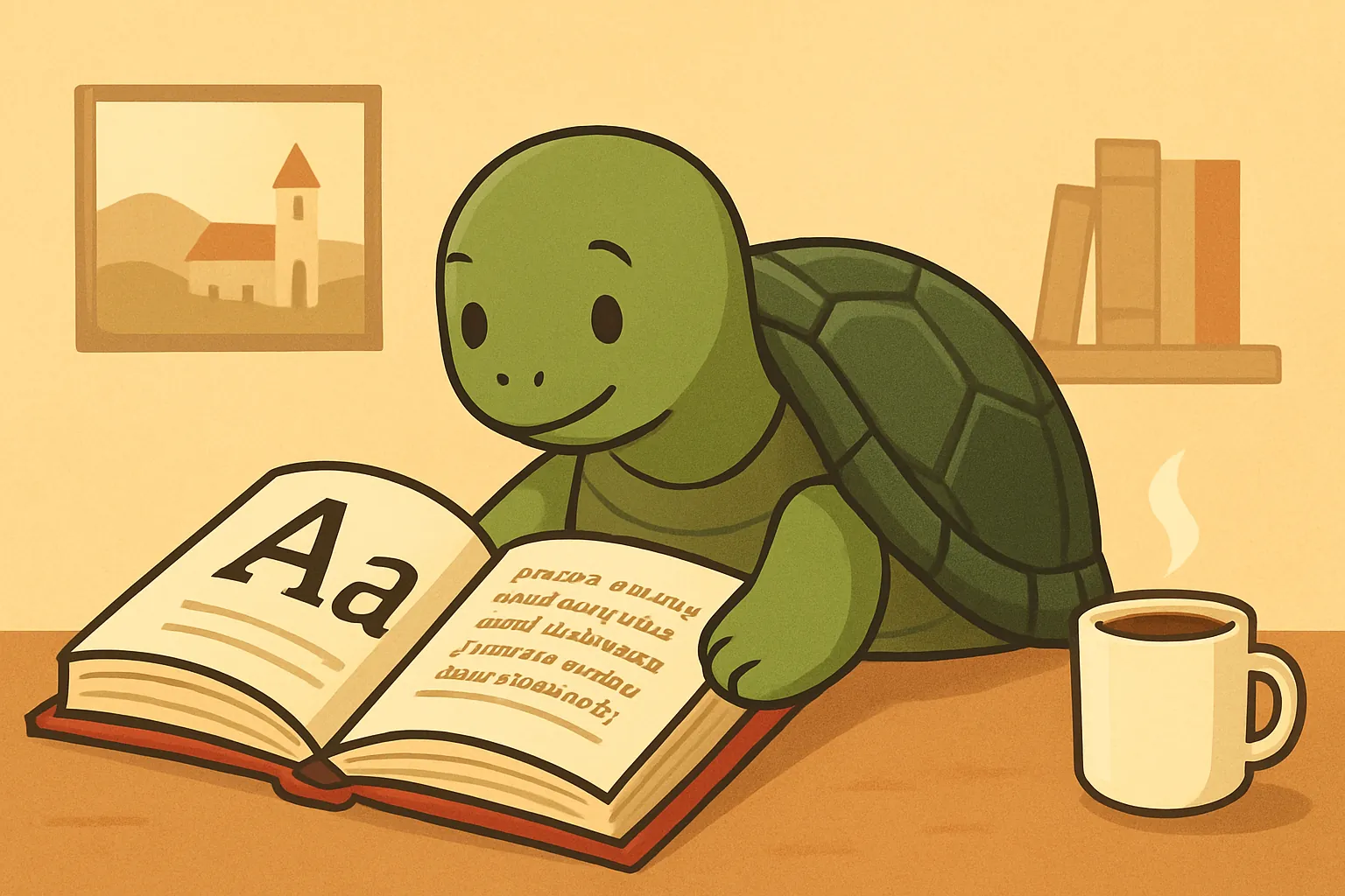 Ilustracja redakcyjna przedstawiająca żółwia TortoLingua w realistycznej scenie nauki języka przez czytanie do artykułu "Nauka serbskiego od zera: praktyczny przewodnik".