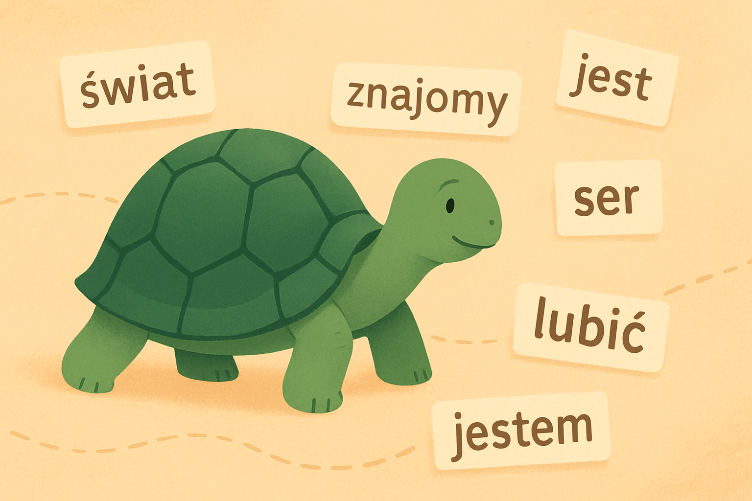 Ilustracja redakcyjna przedstawiająca żółwia TortoLingua odkrywającego znaczenie dzięki kontekstowi do artykułu "Hipoteza inputu Krashena: praktyczny przewodnik".