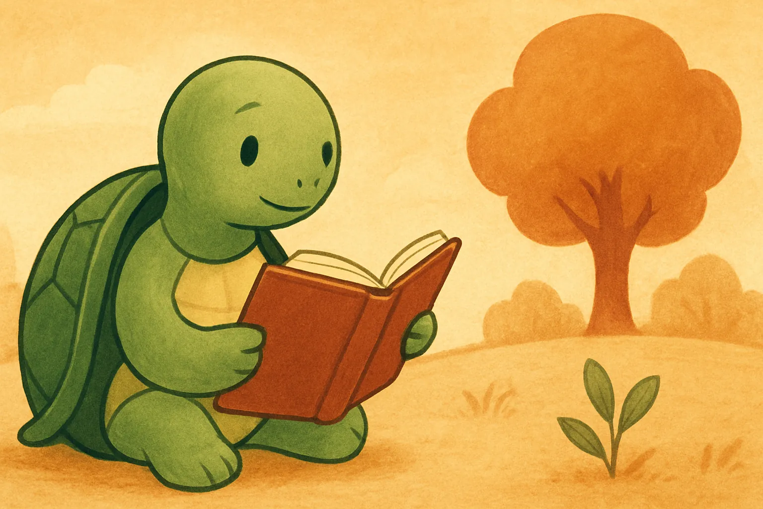 Ilustração editorial mostrando a tartaruga da TortoLingua em uma cena acolhedora de livro infantil para o artigo "Benefícios de criar crianças bilíngues: o que a ciência diz".