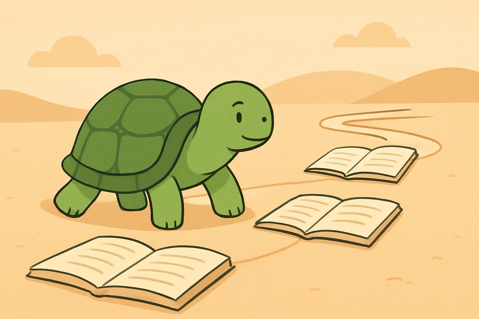 Ilustração editorial mostrando a tartaruga da TortoLingua em uma cena calma de aprendizado por leitura para o artigo "Platô no aprendizado de idiomas: por que você estagnou e como superar".