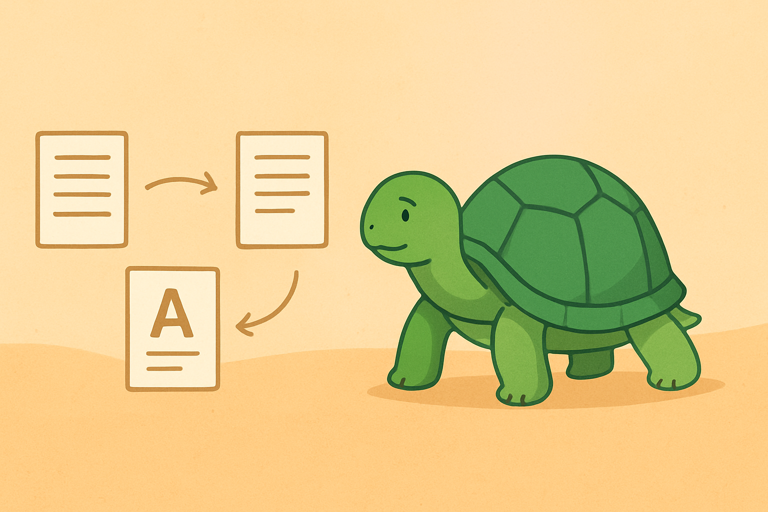 Urednička ilustracija koja prikazuje kornjaču TortoLingua u mirnoj sceni učenja kroz čitanje za članak "Koliko treba čitati da se dostigne B1?".