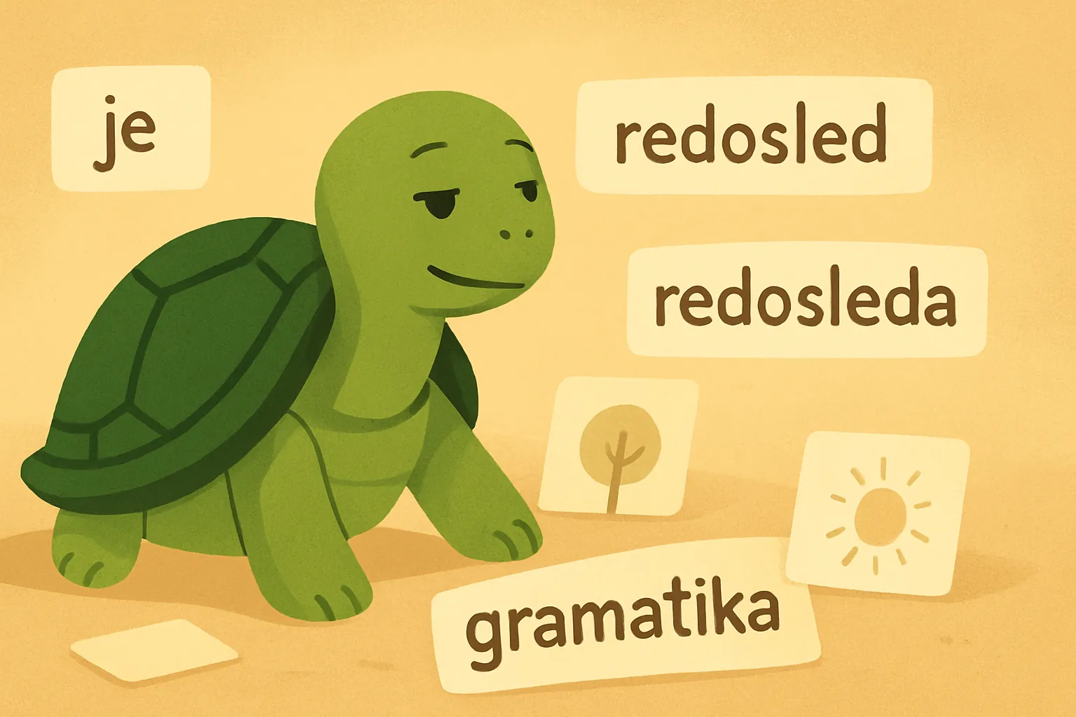 Urednička ilustracija koja prikazuje kornjaču TortoLingua koja otkriva značenje kroz kontekst za članak "Hipoteza prirodnog redosleda: zašto redosled gramatike ne odgovara redosledu učenja".