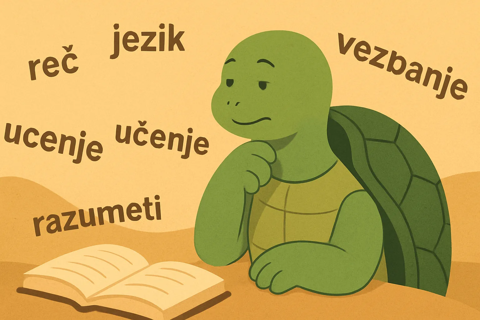 Urednička ilustracija koja prikazuje kornjaču TortoLingua koja otkriva značenje kroz kontekst za članak "Da li sam prestar za učenje jezika? Istraživanja kažu ne".