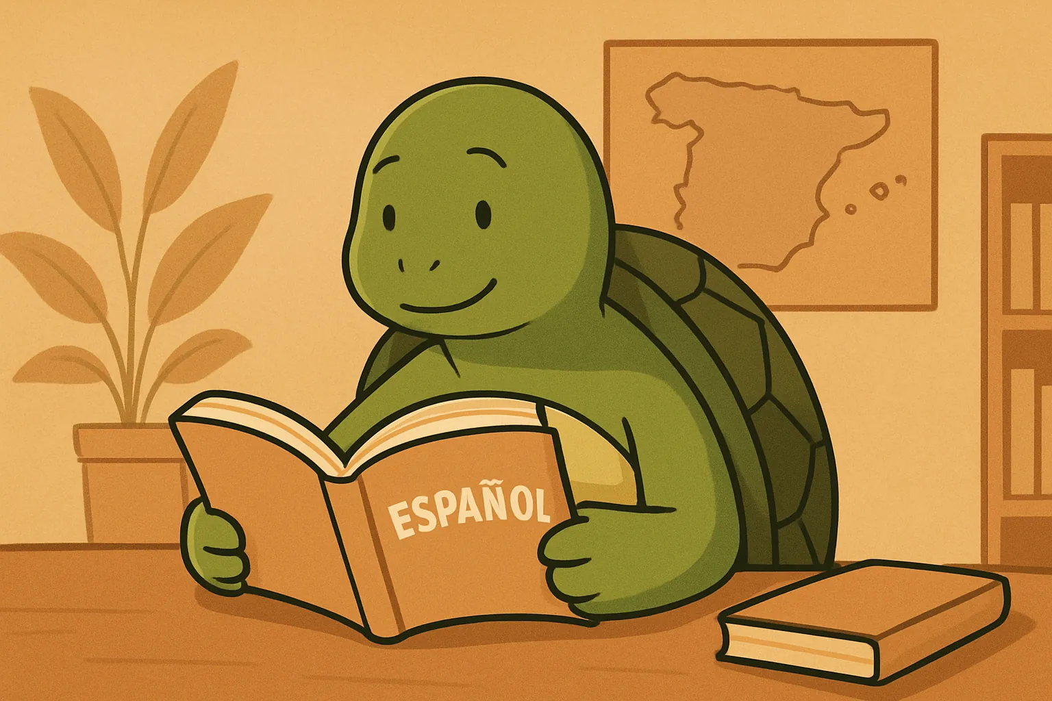 Urednička ilustracija koja prikazuje kornjaču TortoLingua u realističnoj sceni učenja jezika kroz čitanje za članak "Kako naučiti španski od nule: vodič korak po korak".