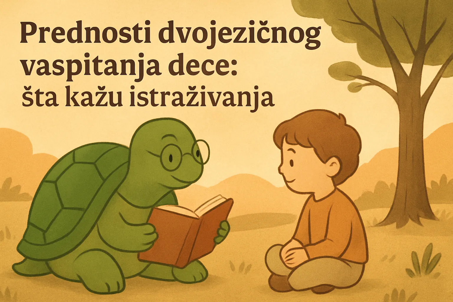 Urednička ilustracija koja prikazuje kornjaču TortoLingua u toploj sceni dečje priče za članak "Prednosti dvojezičnog vaspitanja dece: šta kažu istraživanja".