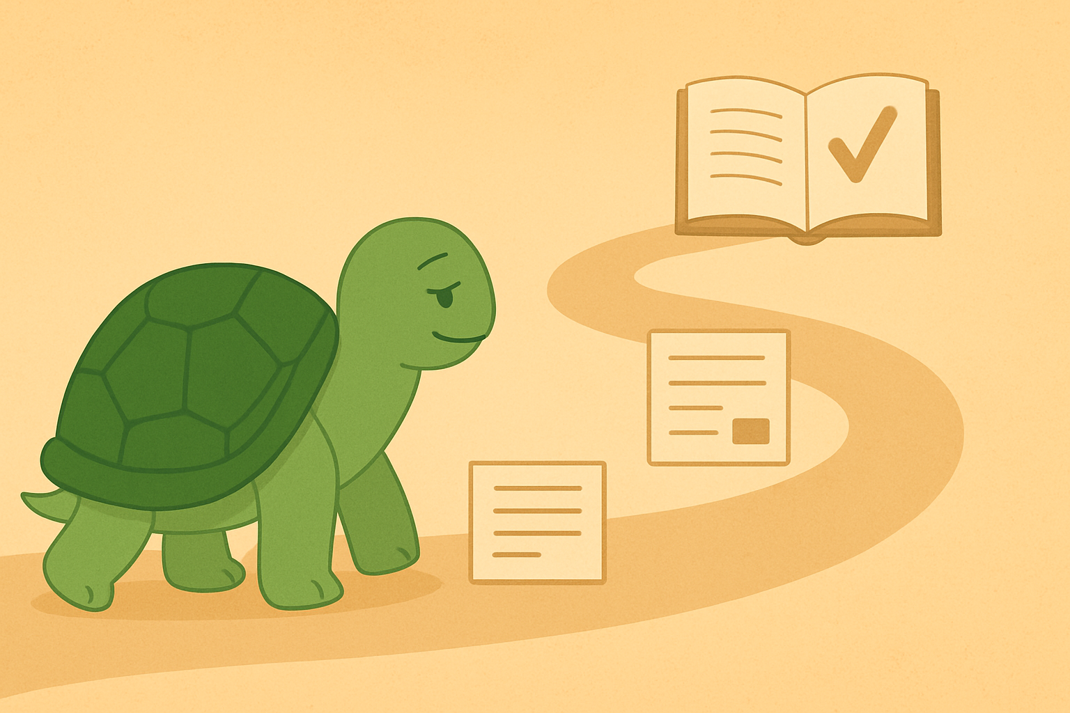 Urednička ilustracija koja prikazuje kornjaču TortoLingua u mirnoj sceni učenja kroz čitanje za članak "Plato u učenju jezika: zašto ste zapeli i kako da probijete".