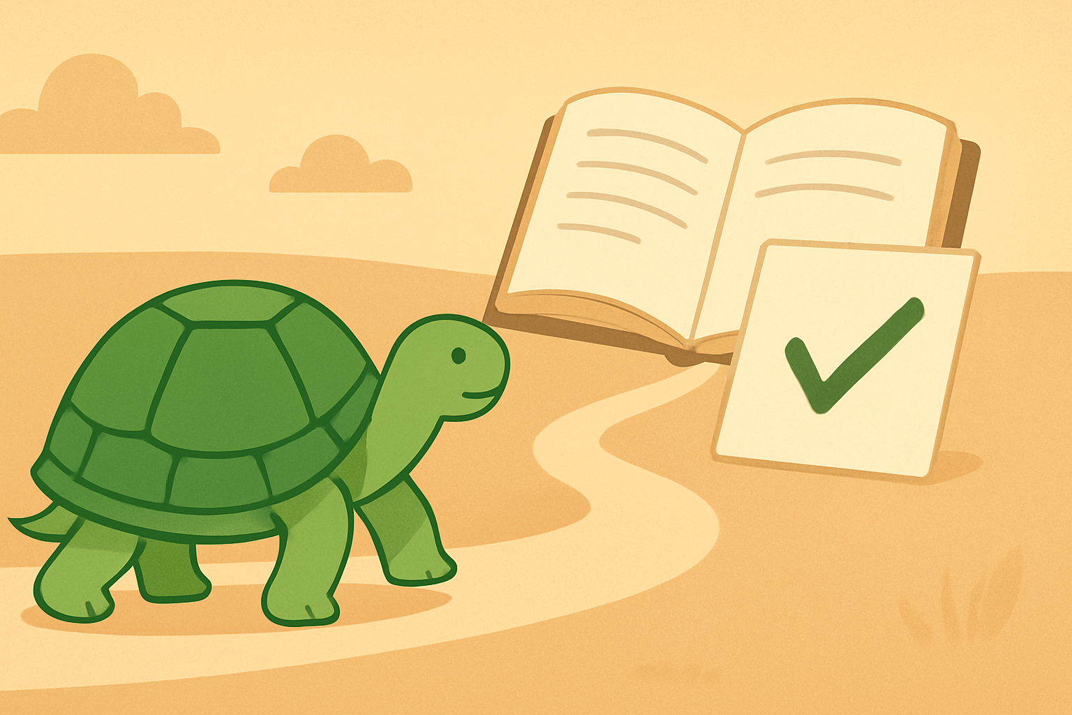 Редакційна ілюстрація, що показує черепаху TortoLingua у спокійній сцені навчального шляху через читання, для статті "Регулярність у вивченні мови: чому 10 хвилин щодня краще за марафони".