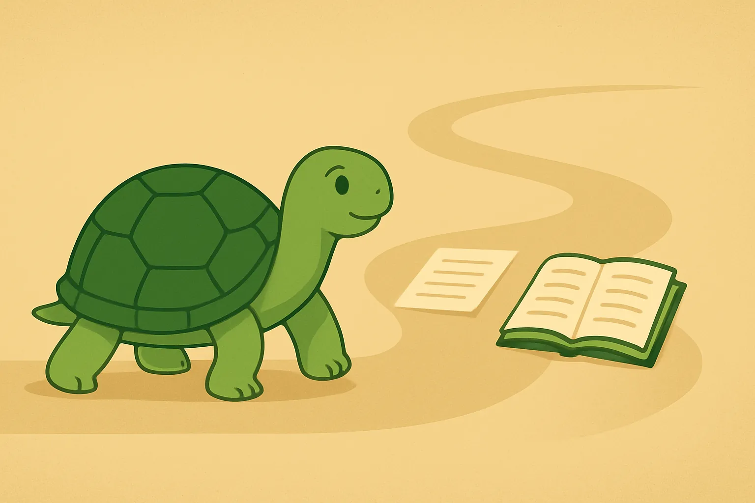 Редакційна ілюстрація, що показує черепаху TortoLingua у спокійній сцені навчального шляху через читання, для статті "Як вивчити мову перед переїздом за кордон".