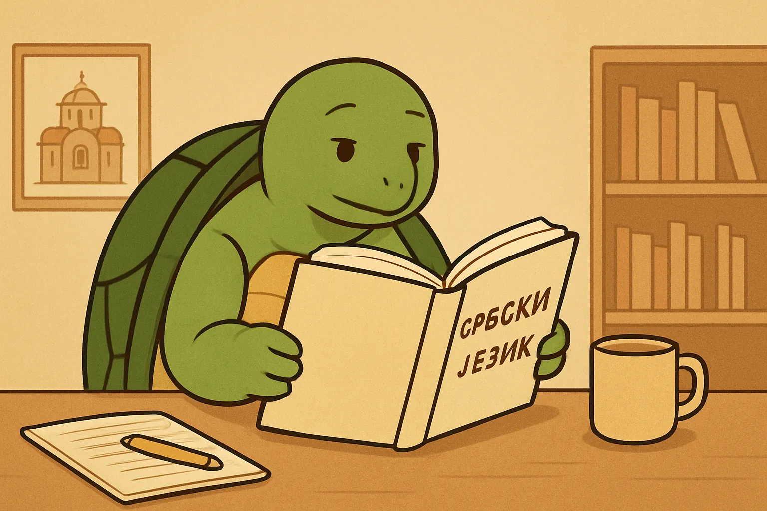 Редакційна ілюстрація, що показує черепаху TortoLingua у реалістичній сцені вивчення мови через читання, для статті "Вивчити сербську з нуля: практичний гайд".