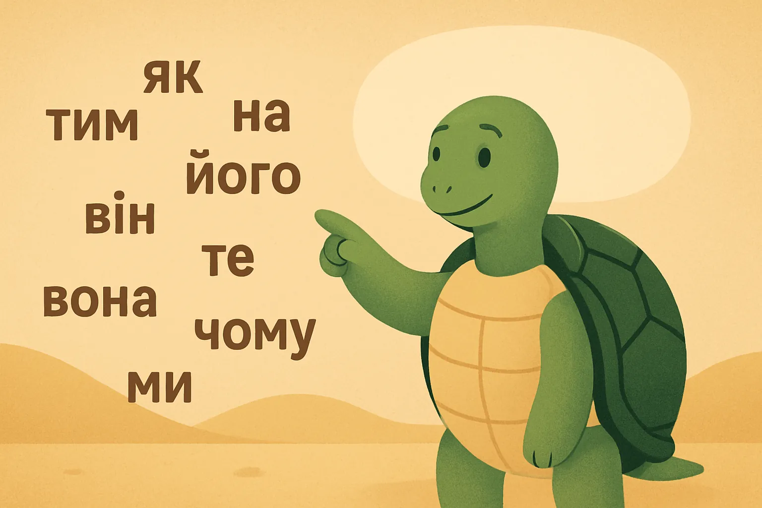 Редакційна ілюстрація, що показує черепаху TortoLingua в моменті, де значення відкривається через контекст, для статті "Гіпотеза природного порядку: чому порядок граматики не збігається з порядком засвоєння".