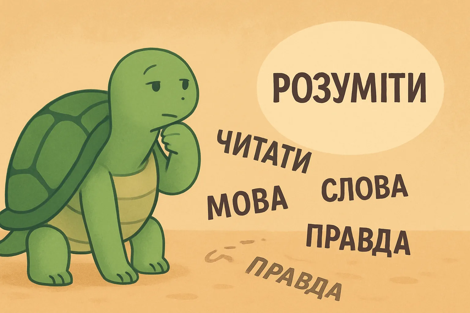 Редакційна ілюстрація, що показує черепаху TortoLingua в моменті, де значення відкривається через контекст, для статті "Чи я занадто старий для вивчення мови? Дослідження кажуть ні".