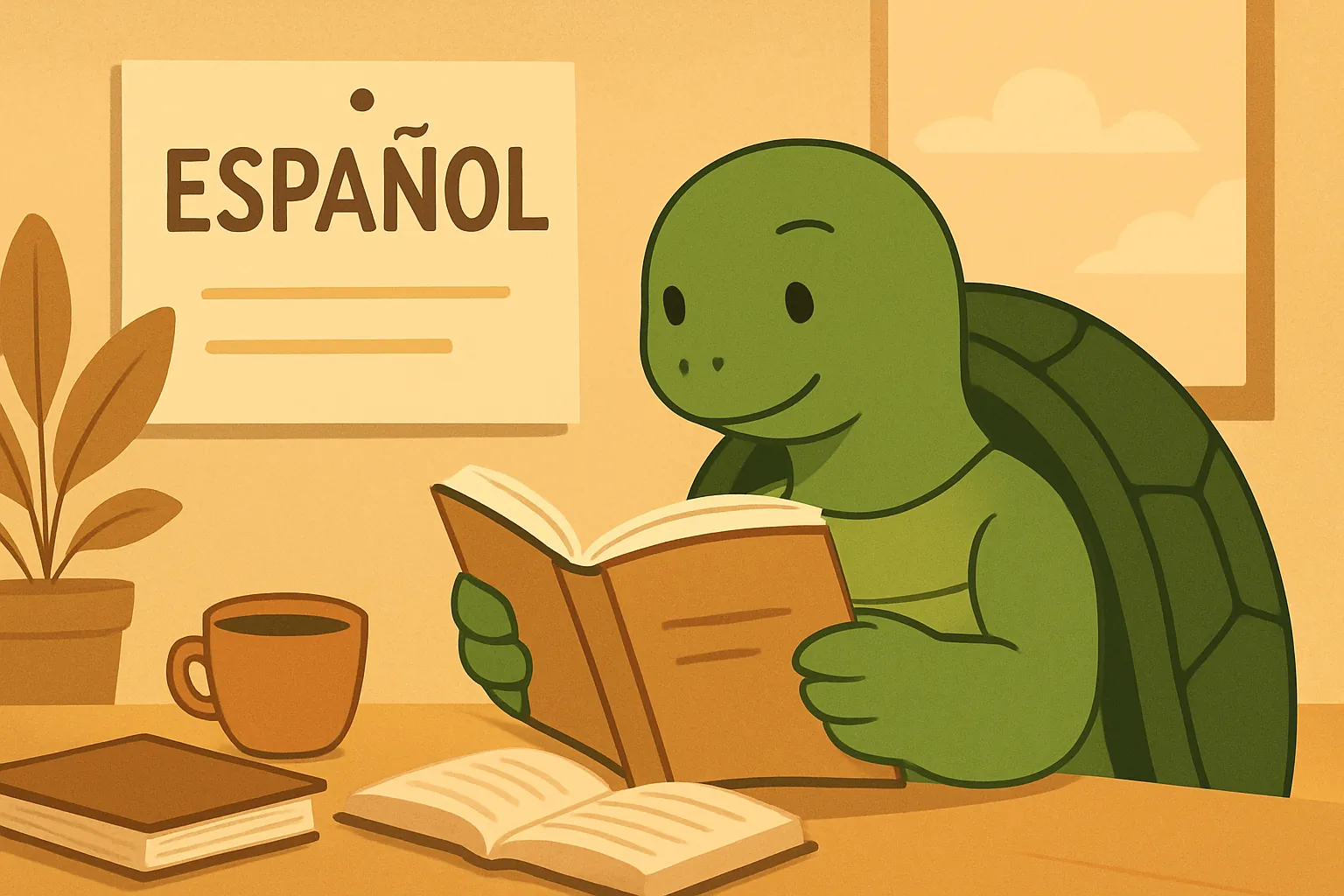 Редакційна ілюстрація, що показує черепаху TortoLingua у реалістичній сцені вивчення мови через читання, для статті "Як вивчити іспанську з нуля: покроковий гайд".