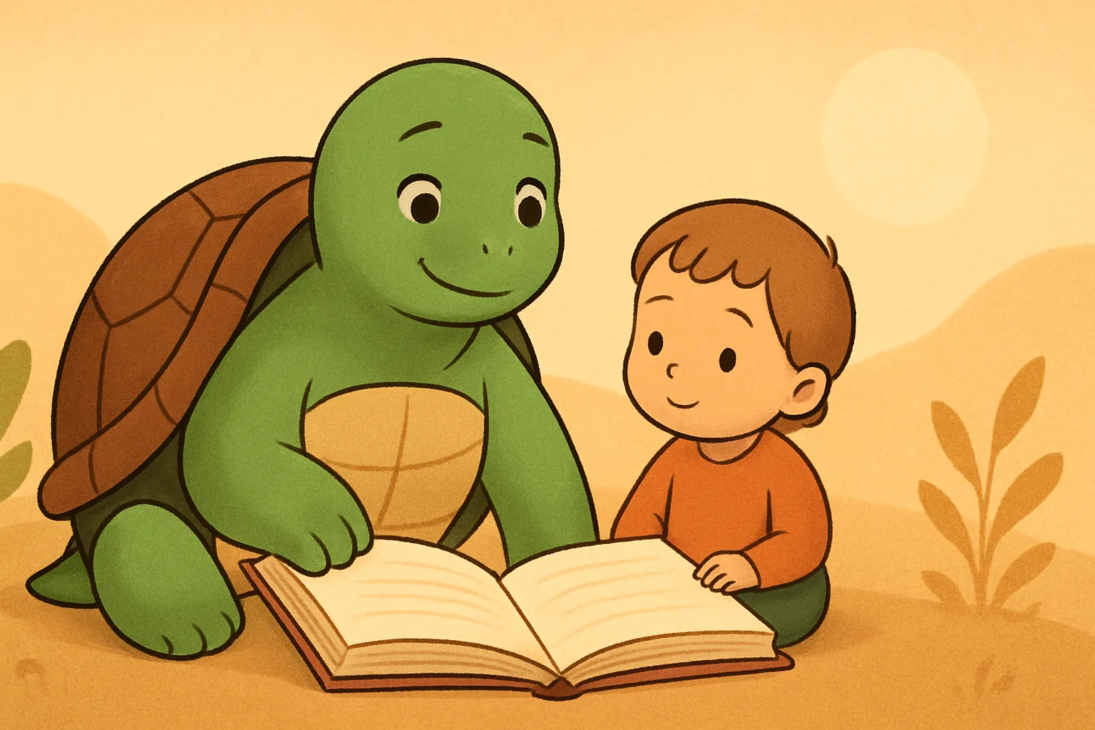 Редакційна ілюстрація, що показує черепаху TortoLingua у теплій казковій сцені навчання, для статті "Переваги двомовного виховання дітей: що кажуть дослідження".