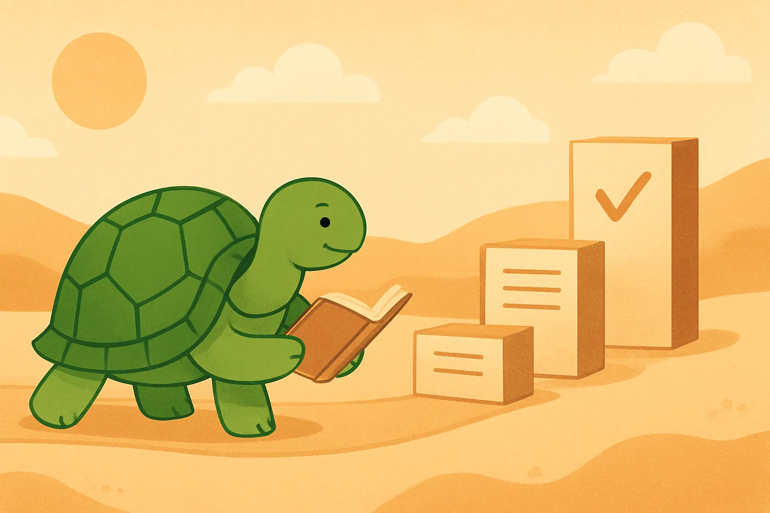 Редакційна ілюстрація, що показує черепаху TortoLingua у спокійній сцені навчального шляху через читання, для статті "Скільки треба читати щоб досягти рівня B1?".