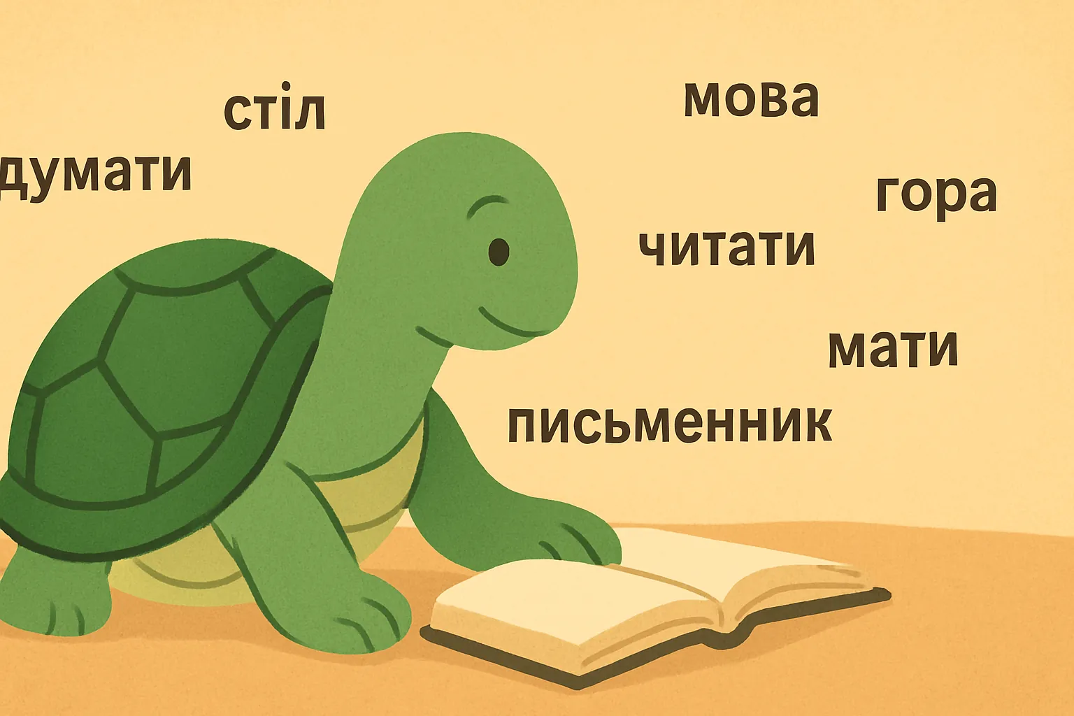 Редакційна ілюстрація, що показує черепаху TortoLingua в моменті, де значення відкривається через контекст, для статті "Зрозумілий input проти граматики: що працює краще?".