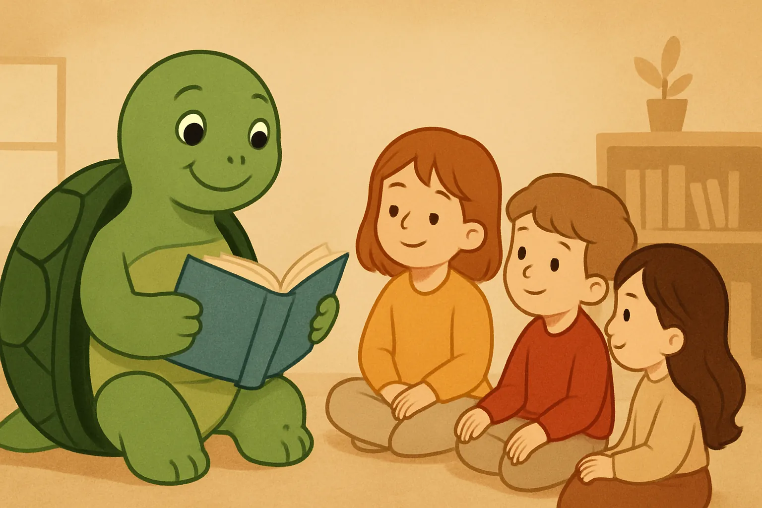 Редакційна ілюстрація, що показує черепаху TortoLingua у теплій казковій сцені навчання, для статті "Як діти вчать мови через історії: гайд для батьків".