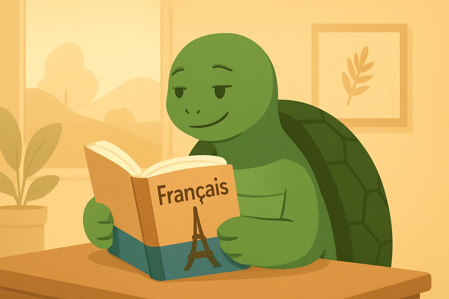 Редакційна ілюстрація, що показує черепаху TortoLingua у реалістичній сцені вивчення мови через читання, для статті "Вивчити французьку через читання: чому це працює і як почати".