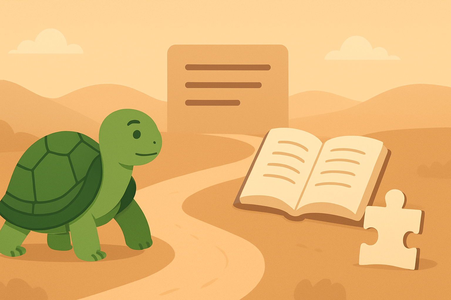 Редакційна ілюстрація, що показує черепаху TortoLingua у спокійній сцені навчального шляху через читання, для статті "Плато у вивченні мови: чому ви застрягли і як прорватися".