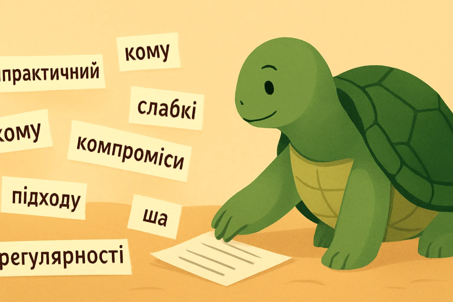 Редакційна ілюстрація, що показує черепаху TortoLingua в моменті, де значення відкривається через контекст, для статті "Гіпотеза вхідного матеріалу Крашена: практичний гайд".